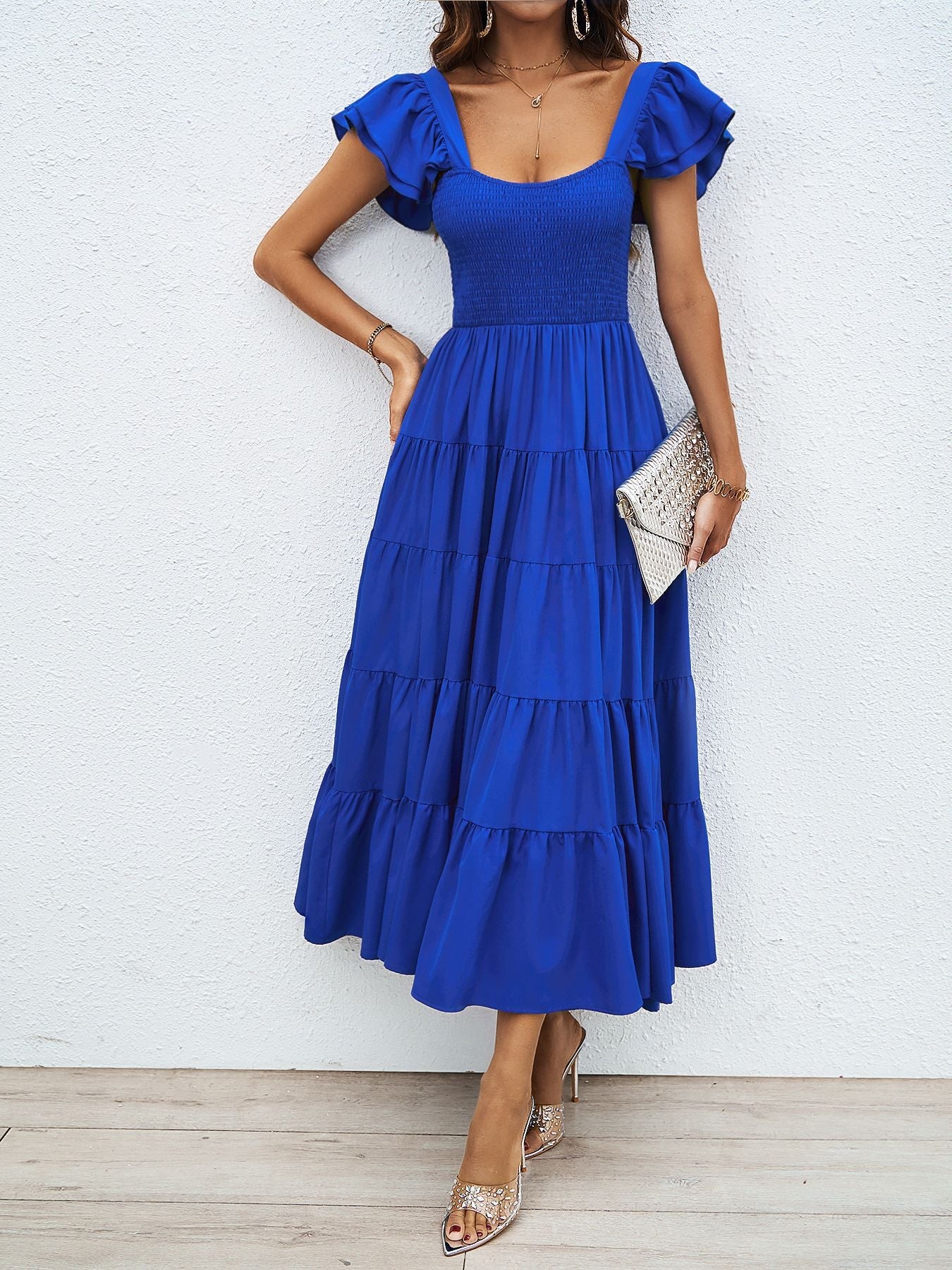 Square Collar Printing Pleated Ruffle Sleeve Elegant Bohemian Printing Dress
